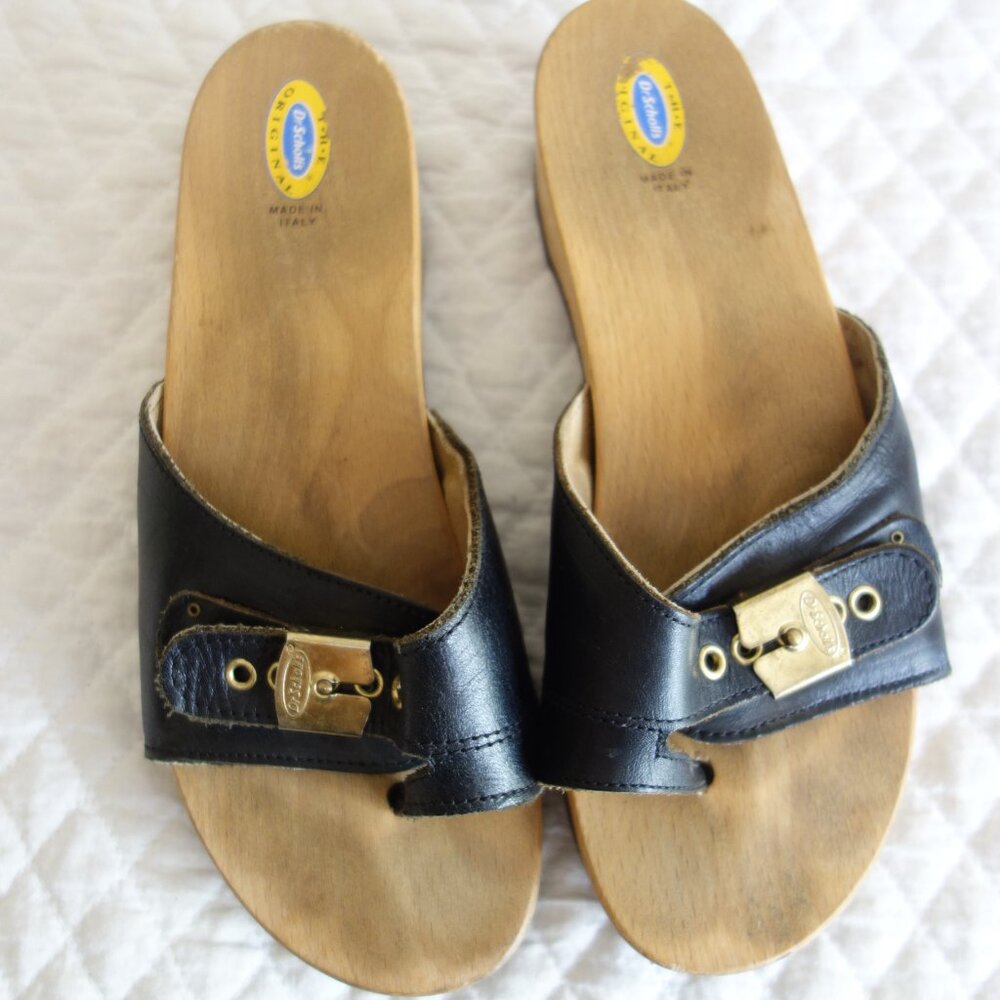 Vtg DR SCHOLLS Original Made in Italy Wood Sandals w/ toe loop – Sz 7? - Picture 4 of 7